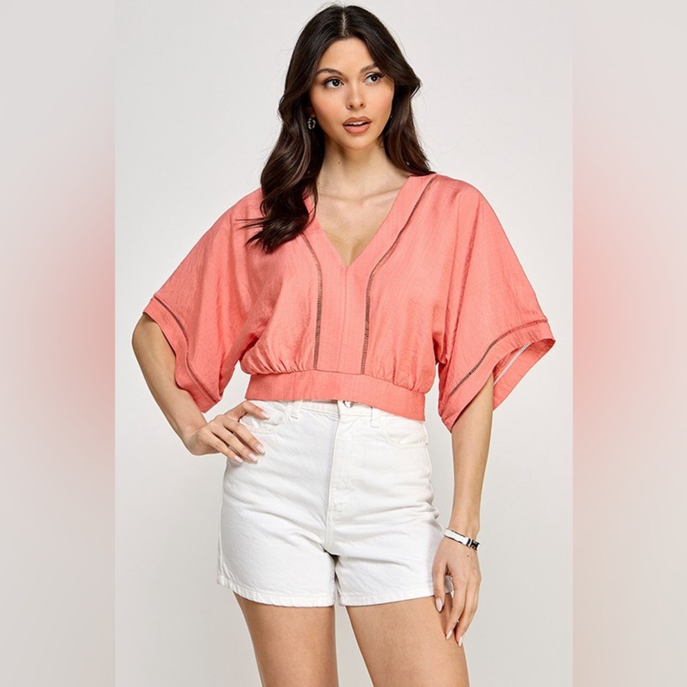 Women's Coral V-Neck Short Sleeve Blouse